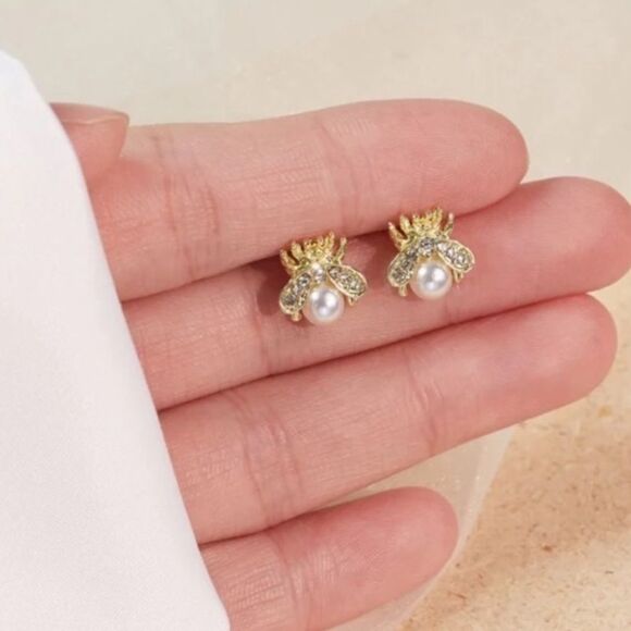 Bee Gold Earrings With Pearl S925 Silver Post nwt - Picture 5 of 7